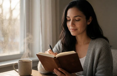 Woman journaling calmly by a window, dating with bipolar disorder and self-care
