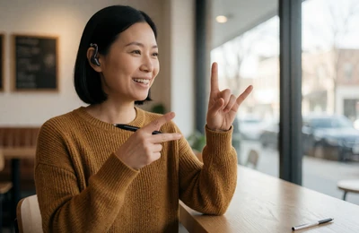 Deaf woman signing in ASL at a cafe, deaf community dating and communication
