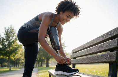 Young woman with a prosthetic leg preparing for a run, amputee dating confidence