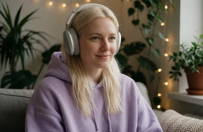Autistic woman relaxing with headphones in a sensory-friendly space, autism dating
