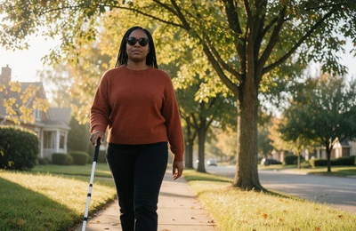 Blind woman walking confidently with a white cane, blind people dating site member