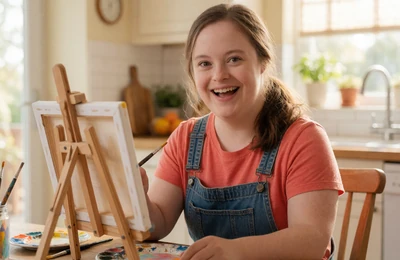 Joyful young woman with Down syndrome painting at home, Down syndrome dating