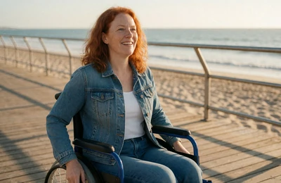 Woman in a manual wheelchair enjoying an accessible boardwalk, wheelchair dating lifestyle