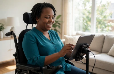 Woman with cerebral palsy using a communication tablet, cerebral palsy dating