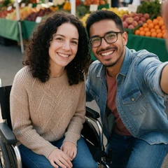 Smiling couple laughing on a couch, autism dating success story on a disability dating app